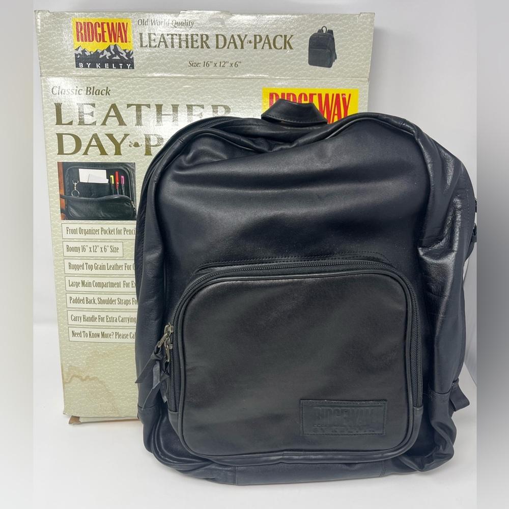 Ridgeway by Kelty Black Leather Day-Pack Zip Up Large Backpack Bag Pockets NEW